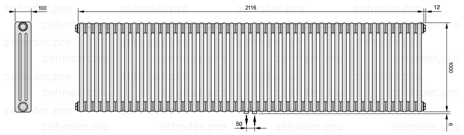 Схема (чертеж) Радиатор Zehnder Charleston 3100/46 №5410 Белый глянцевый RAL 9016